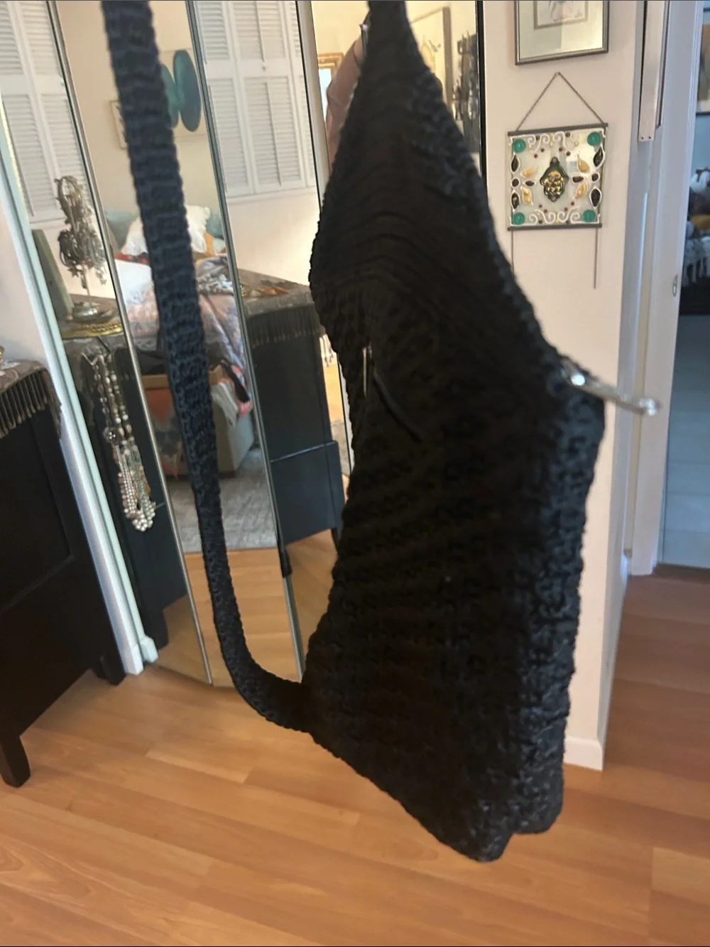 Vintage The Sak Black Crochet One Shoulder Sling Backpack-1990’s